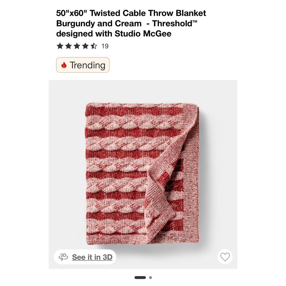 Threshold Studio McGee Twisted Cable Throw Blanket Burgundy Cream 50x60